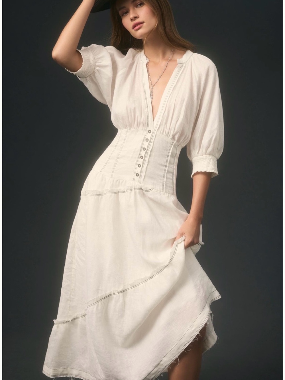 Anthropology White linensummer fitted & flowy Midi Dress with Button front low v